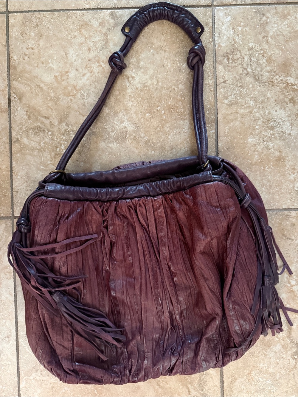 Anthropologie Lucky Penny Leather Hobo Bag Eggplant Pleated Striated Retro Boho